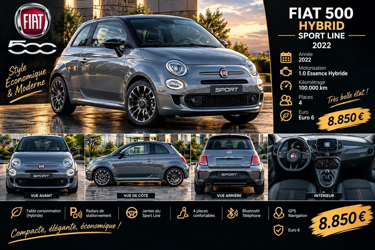 FIAT 500 1.0 HYBRIDE SPORT LINE, Autos, Argent ou Gris, Achat, Euro 6, Entreprise