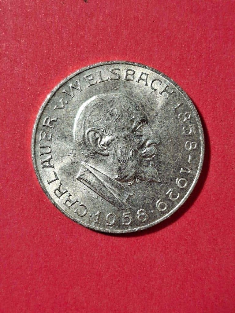 1958 Oostenrijk 25 schilling zilver C.A. von Welsbach, Verzenden, Oostenrijk, Losse munt, Zilver