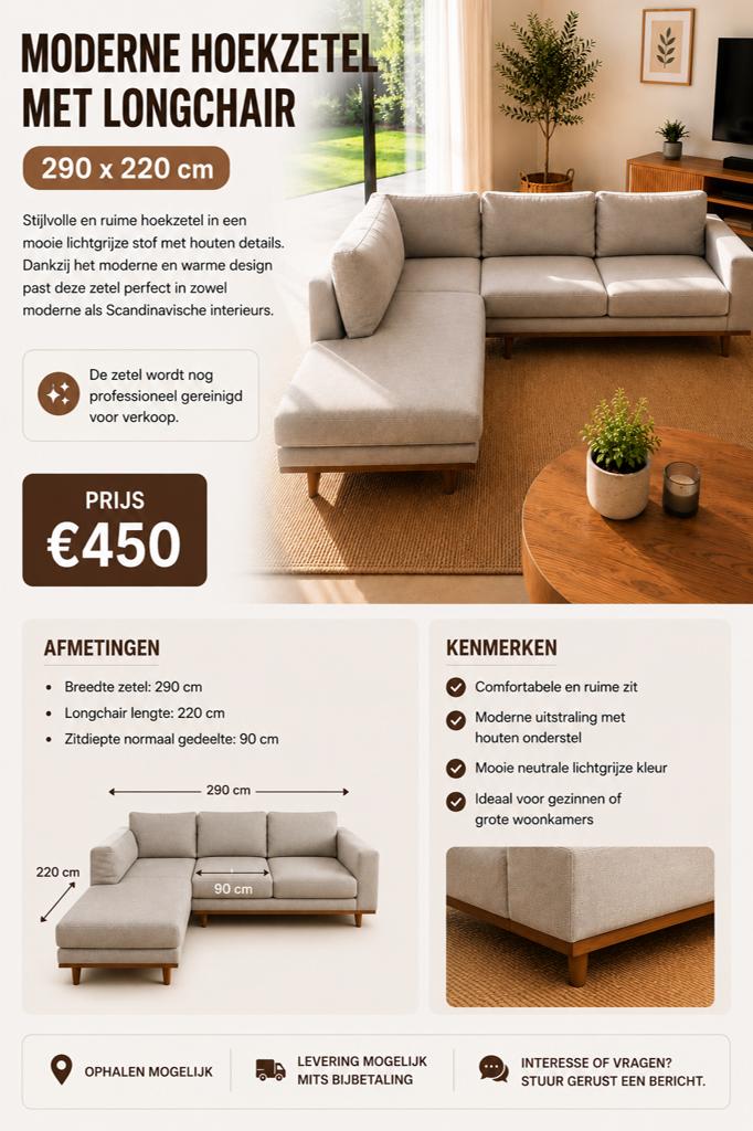 Moderne hoekzetel met longchair– 290 x 220 cm, Quatre personnes ou plus, Comme neuf, Tissus, 150 cm ou plus