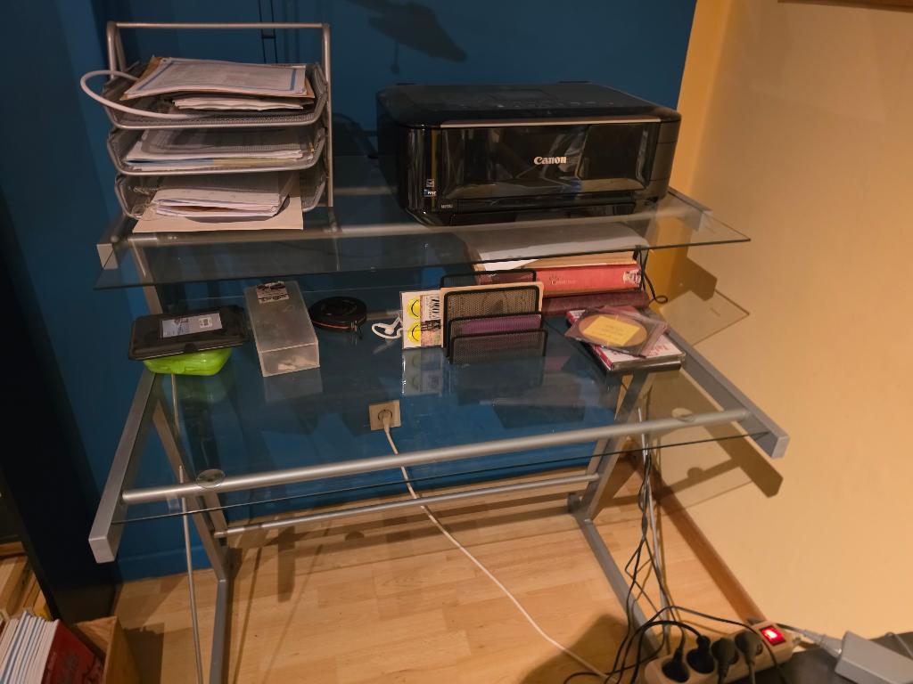 bureau in gelaagd glas + kastje met schuifladen, Huis en Inrichting, Bureaus, Ophalen, Gebruikt, Glas