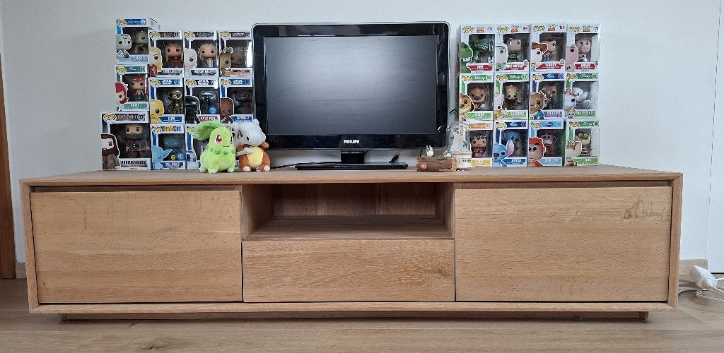 Massief eiken TV kast, 150 tot 200 cm, Eikenhout, Zo goed als nieuw, Minder dan 100 cm
