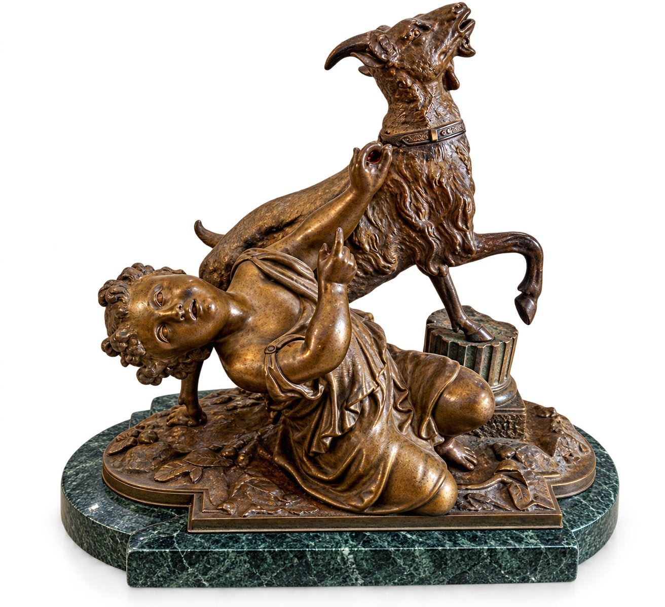 Antiek bronzen beeld: Putto met bok op marmer voet 19e eeuw, Verzamelen, Ophalen, Zo goed als nieuw