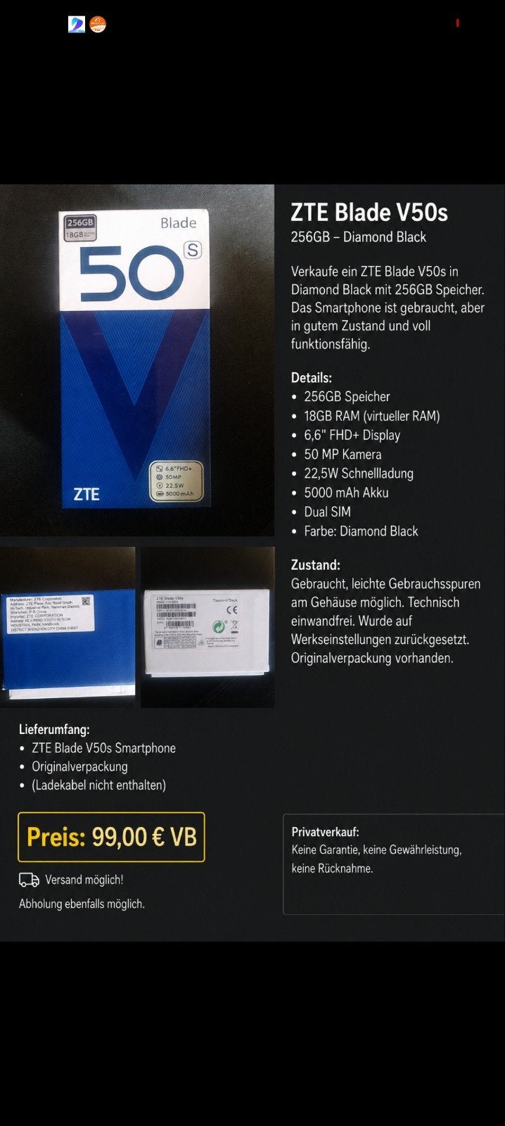 Téléphone intelligent ZTE Blade, Enlèvement ou Envoi