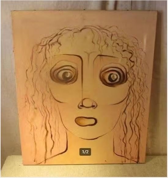 Belle œuvre peinte moderne « Big Eyes » - Rita Toelen, Enlèvement ou Envoi, Textile, Sur cadre en bois, Portrait
