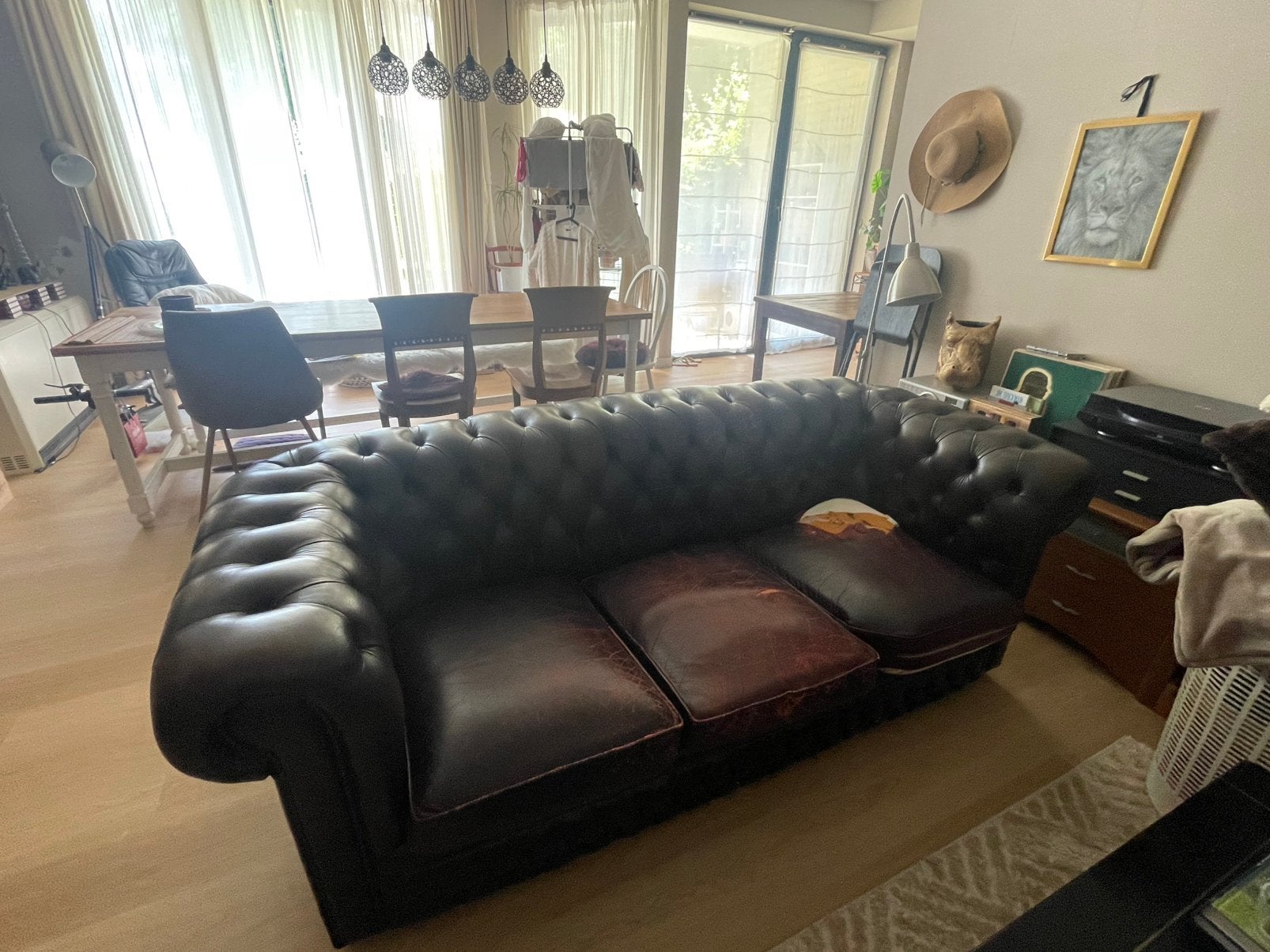 Vintage Chesterfieldbank van Echt Leer 2,05m x 90cm, Huis en Inrichting, Ophalen, Gebruikt, Leer