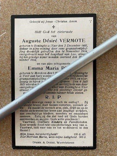 14-18 Reninge gezin Vermote-Penet getroffen door Granaat1914, Ophalen of Verzenden, Bidprentje