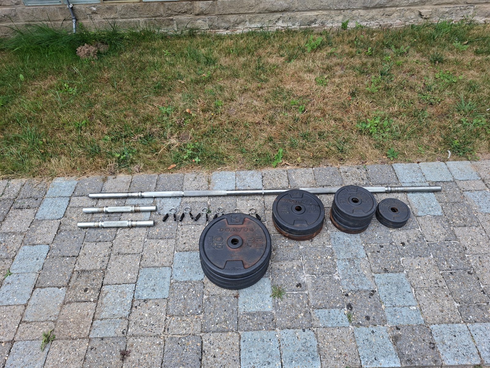 Halterset Domyos (Barbell + 2x dumbells), Sport en Fitness, Ophalen, Gebruikt, Benen, Halterset