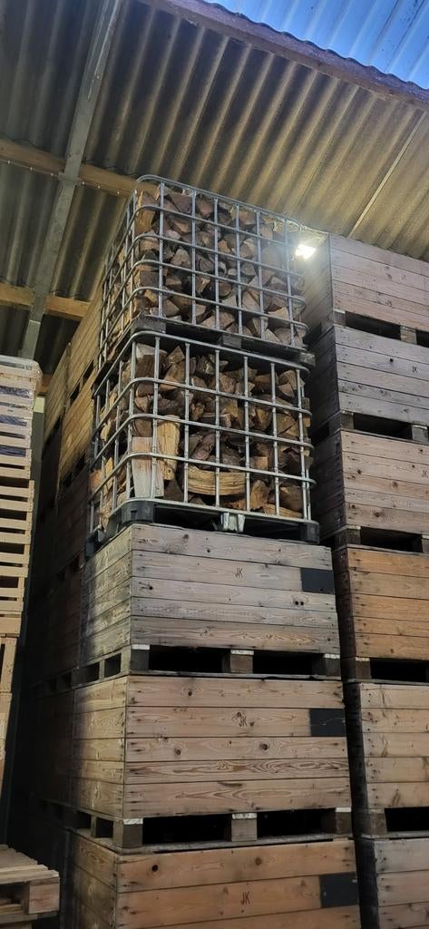 Brandhout 5jaar gedroogd den/spar per ibc kooi of pallox, Jardin & Terrasse, Bois de chauffage, Troncs d'arbres, Enlèvement