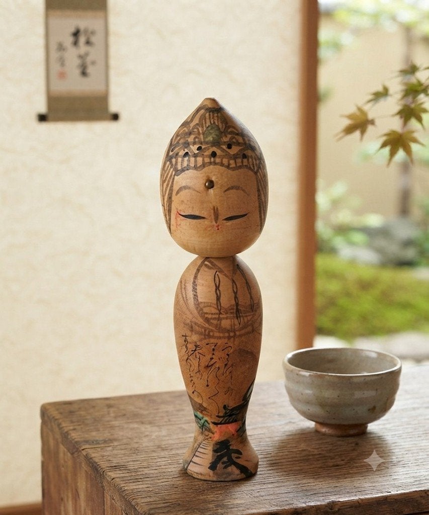 Prachtige Kannon Kokeshi, Hout, Verzenden, 18 cm, Japan