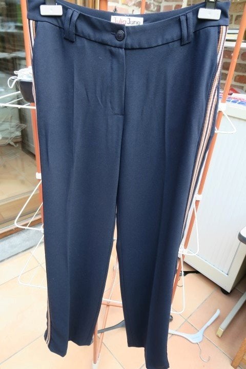 Broek donkerblauw zijstreep Julia June mt 38, Maat 38/40 (M), Blauw, Ophalen of Verzenden, Lang