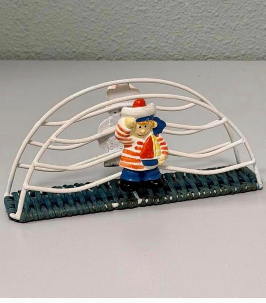 Vintage servettenhouder – maritiem – zeeman – metaal & rotan, Ophalen of Verzenden