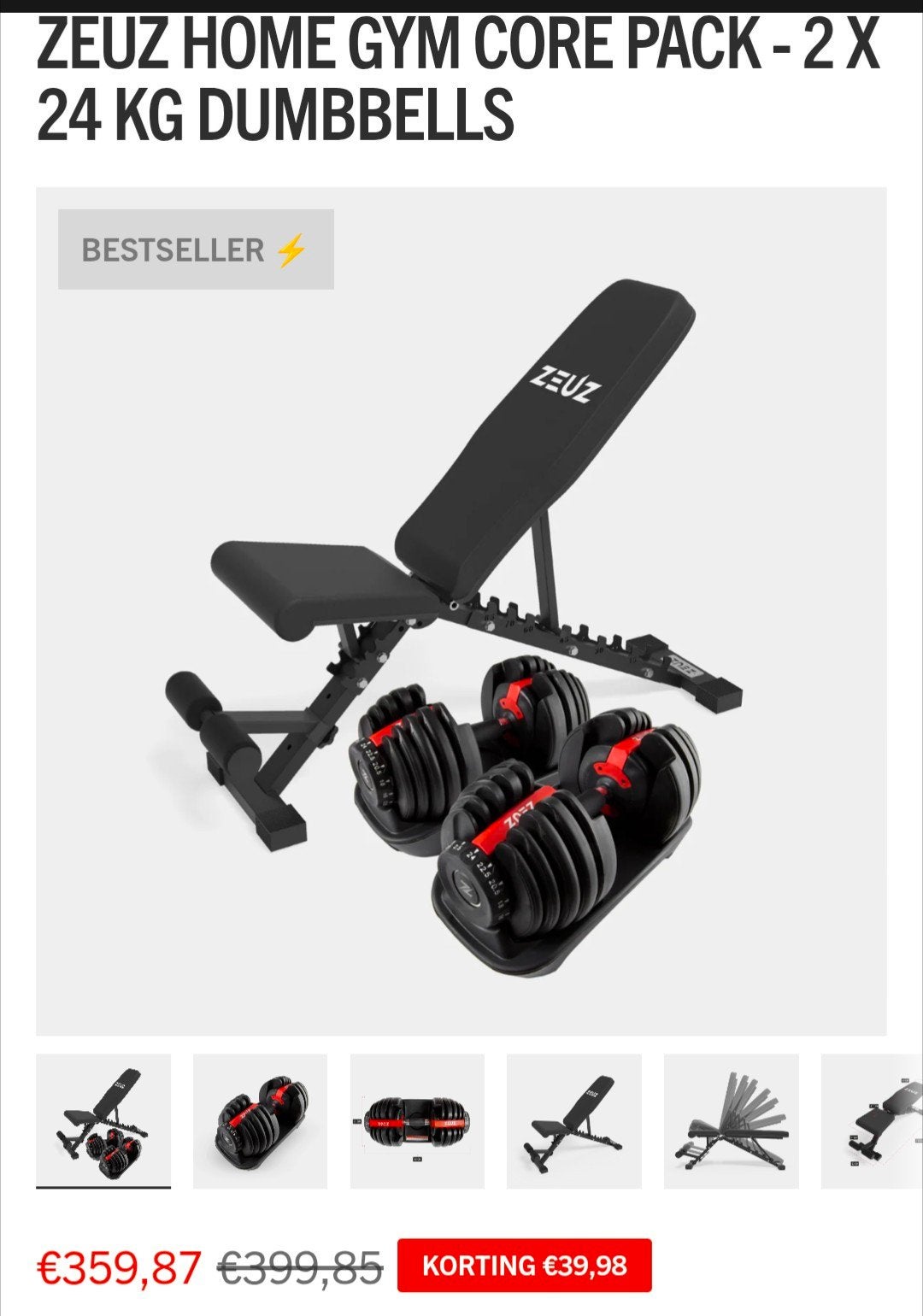 Zeus Fitness bank en verstelbare dumbbells tot 24kg + Mat, Ophalen, Zo goed als nieuw