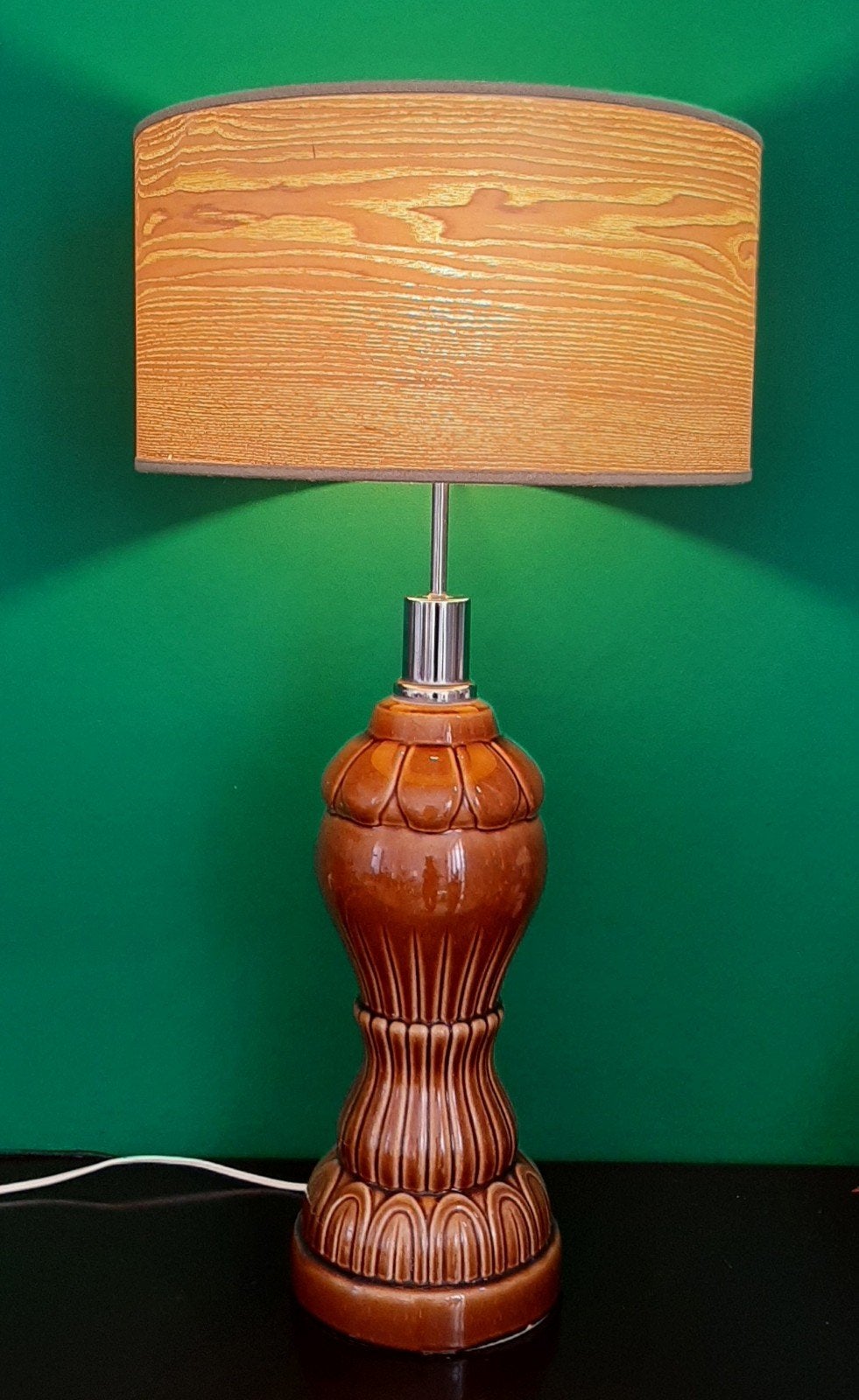 Midcentury lampvoet XL,vintage met houten kap, Ophalen of Verzenden