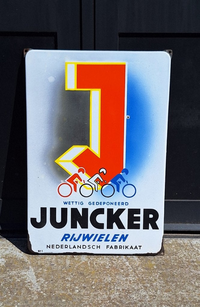 Mooi emaille reclamebord Juncker fietsen, Langcat Bussum., Verzamelen, Ophalen of Verzenden, Gebruikt, Reclamebord