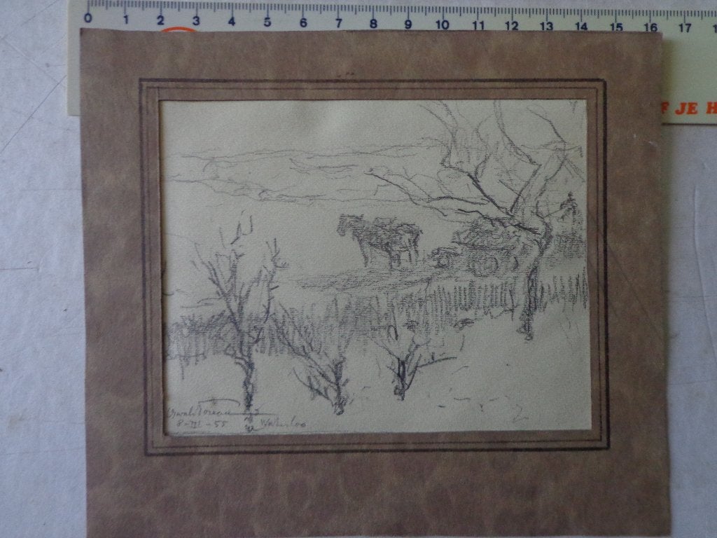Dessin au crayon Oswald Poreau Paysage à Waterloo 1955, Antiquités & Art, Art | Dessins & Photographie, Enlèvement ou Envoi