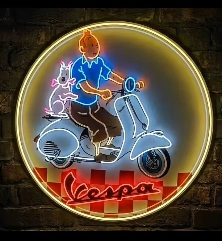 Kuifje met bobbie op Vespa neon licht reclame verlichting, Verzamelen, Ophalen of Verzenden, Nieuw, Lichtbak of (neon) lamp