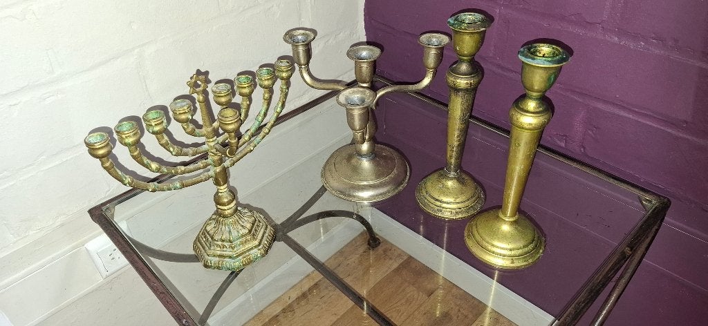 Lot vintage koperen kandelaars + messing chanoekia, Antiek en Kunst, Ophalen, Koper of Brons