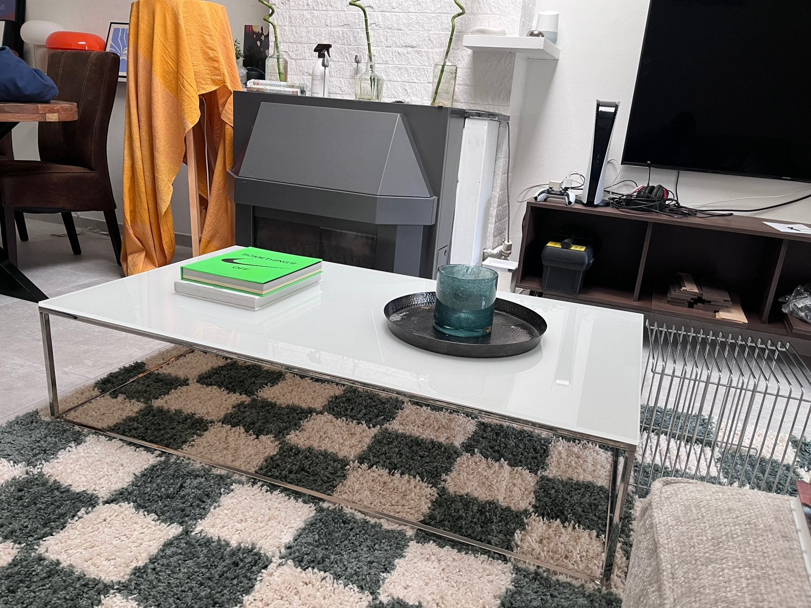 Table basse design avec plateau en verre blanc, 100 à 150 cm, Verre, Design, modern, strak, Comme neuf