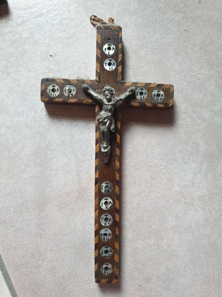 Antiek Kruisbeeld Jezus Christus Parelmoer Olijfhout (?), Ophalen
