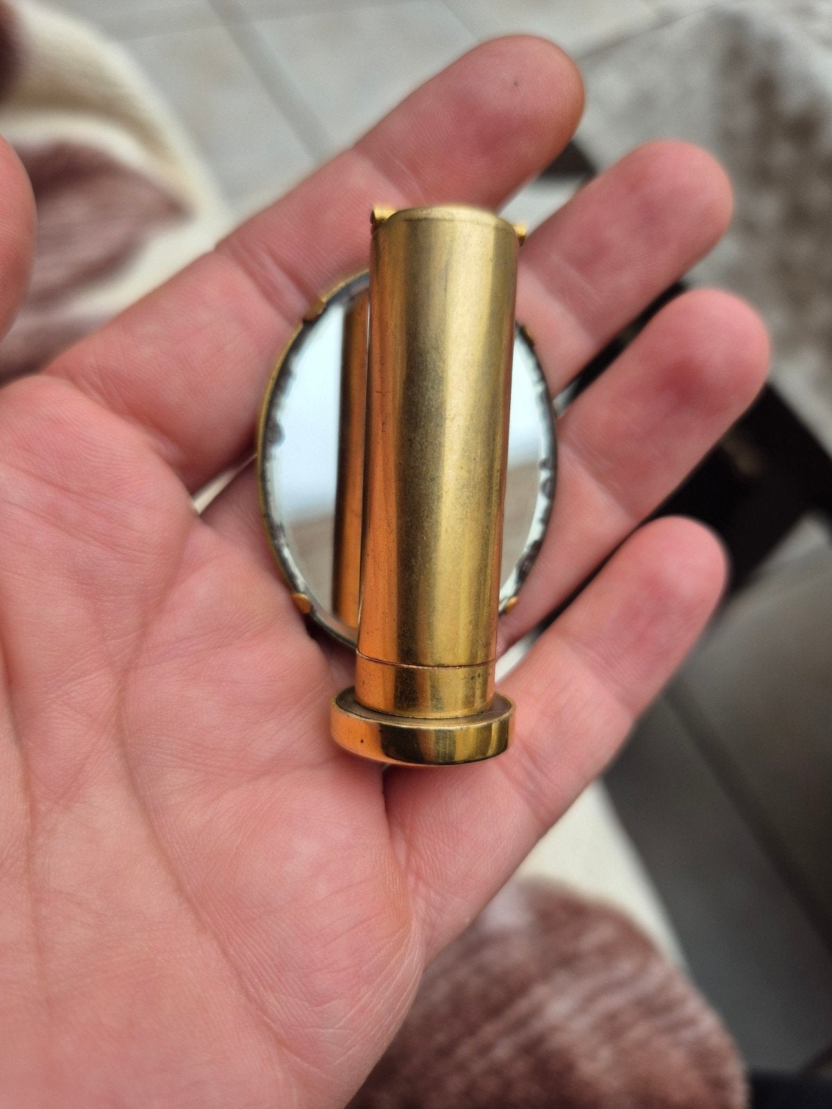 Antieke goudkleurige lipstick met spiegel, Antiek en Kunst, Ophalen of Verzenden