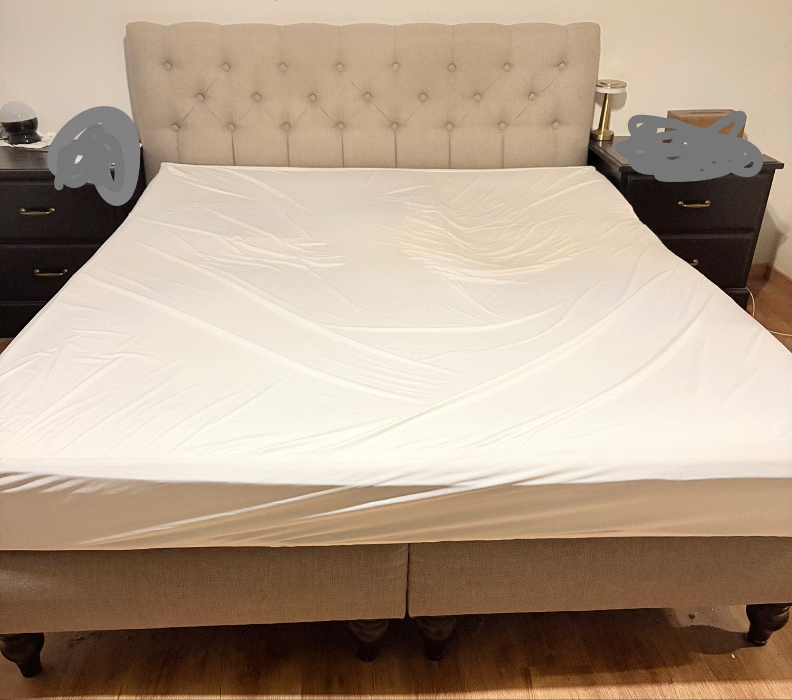 Tweepersoons boxspring met gestoffeerd hoofdbord, 160x200, Beige, Comme neuf, Enlèvement, 200 cm