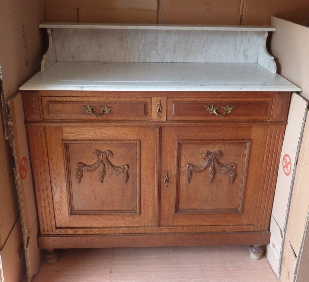 Meuble ancien en chêne avec marbre & miroir + table de nuit, Enlèvement