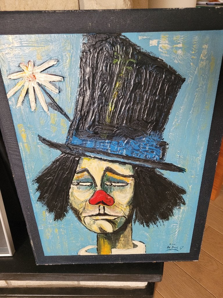 Clown avec chapeau de peinture à l'huile, Œuvre originale, Portrait ou Personnes, Enlèvement ou Envoi, Peinture à l'huile