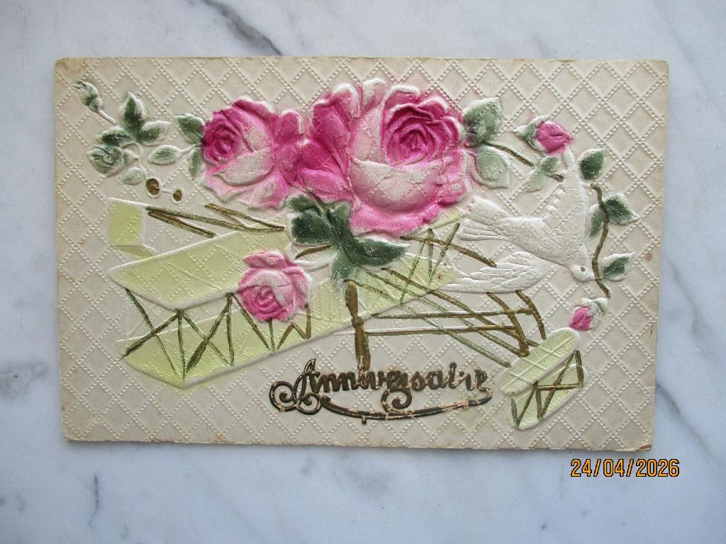 verjaardag vliegtuig bloemen duif 1912, Verzamelen, Verzenden, Voor 1920, Gelopen, Feest(dag)