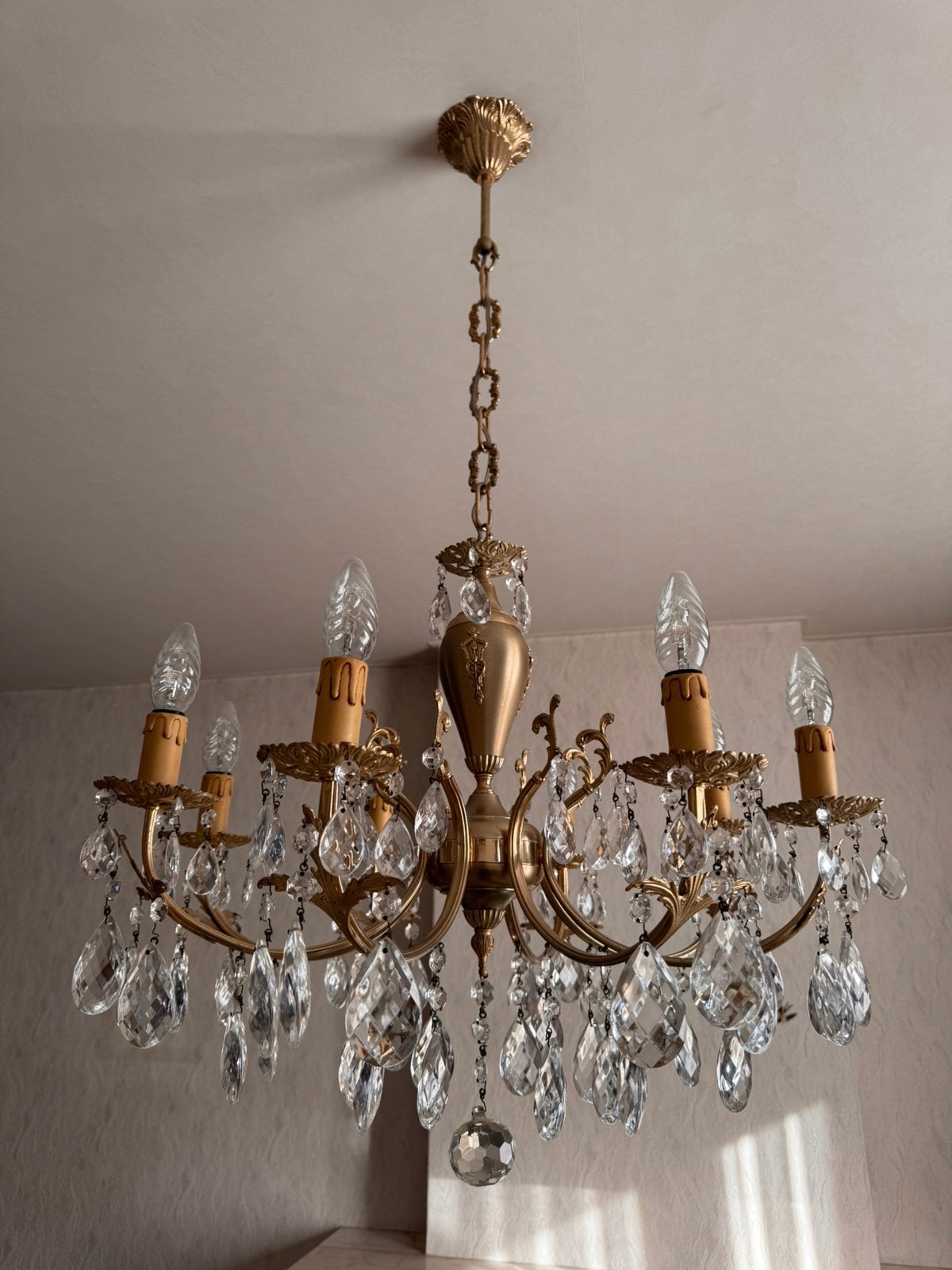Goudkleurige luster met 8 armen (E14 fitting), Ophalen, Gebruikt, Metaal, E14 (klein)