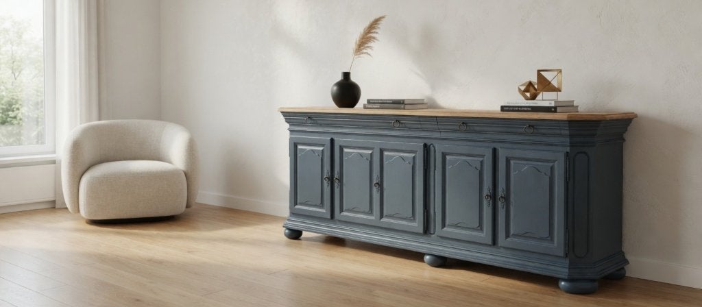 Eiken antraciet dressoir, Met deur(en), Ophalen of Verzenden, Zo goed als nieuw, 200 cm of meer