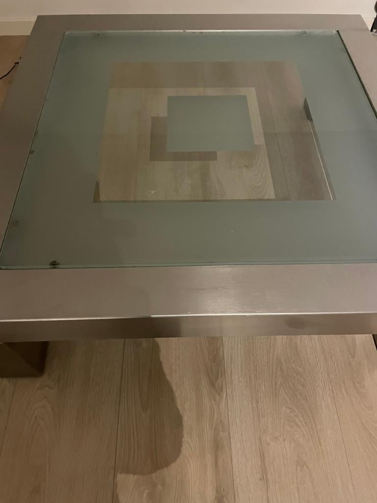 Grote salontafel in inox  met glas, Huis en Inrichting, Tafels | Salontafels, Ophalen, Zo goed als nieuw, Glas
