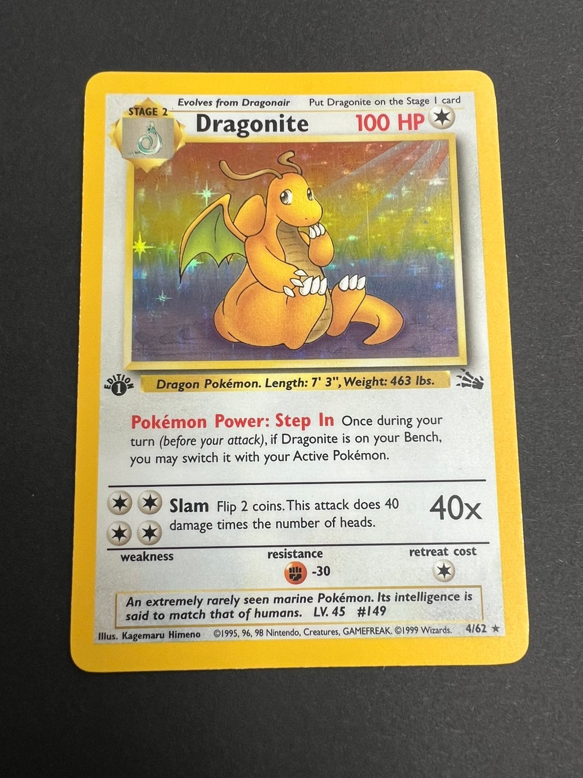 Pokemon Fossil 1st edition Dragonite holo 4/62, Hobby en Vrije tijd, Verzamelkaartspellen | Pokémon, Ophalen, Zo goed als nieuw
