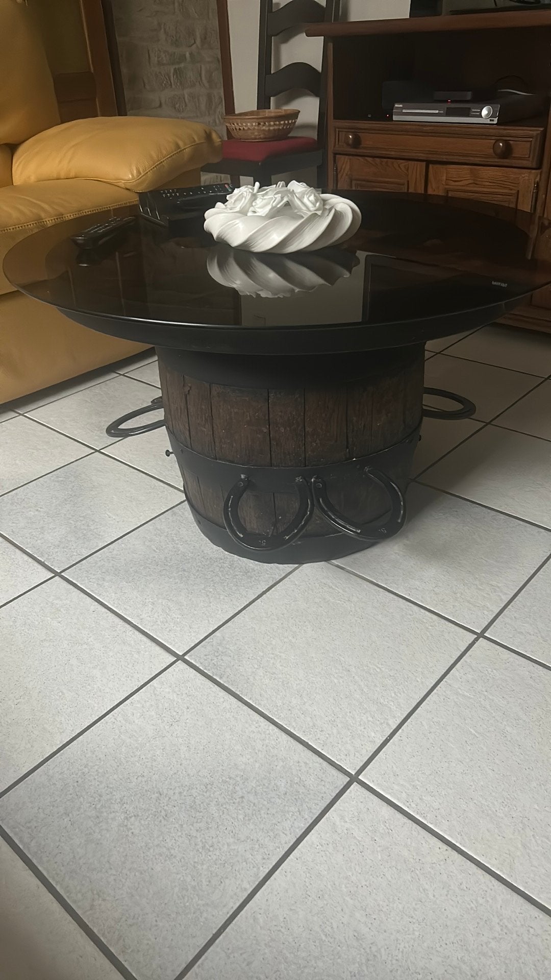Table de salon roue de Charette montée sur tonneau, Enlèvement, Rond, Autres matériaux, Fermette