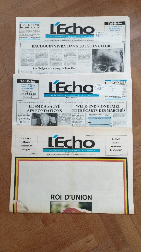 Echo de la Bourse 2, 3, et 7 au 9 août 93 Mort Roi Baudouin, Collections, Enlèvement ou Envoi, Utilisé, Magazine ou livre