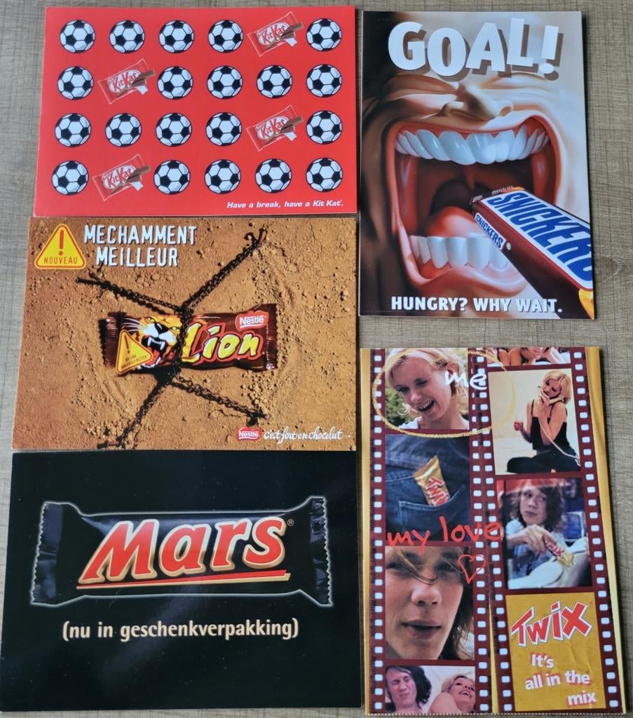 5 Reclamekaarten/ postkaarten: Mars, Lion, Twix, Snickers,, Enlèvement ou Envoi, Comme neuf, Autres types