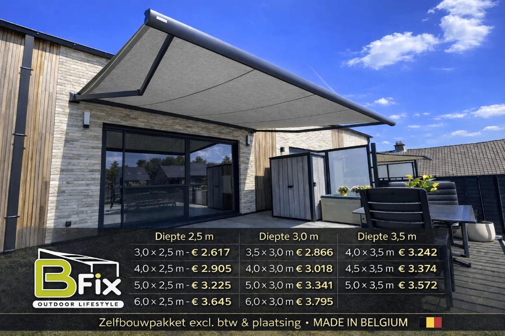 Zonwering knikarmscherm zelf plaatsen? Dat kan!, Tuin en Terras, Zonneschermen, 450 cm of meer, Ophalen of Verzenden, Nieuw, Elektrisch