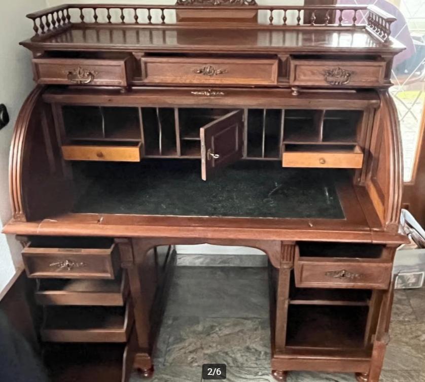 Antiek eiken bureau met schuifjes en een groen lederen inleg, Antiek en Kunst, Ophalen
