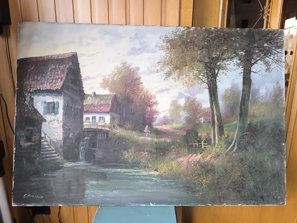 Peinture à l'huile sur toile — paysage relaxant (signée), Enlèvement