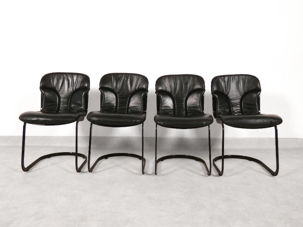 Willy Rizzo - black leather dining chairs - Cidue Italy, Ophalen of Verzenden, Gebruikt, Zwart