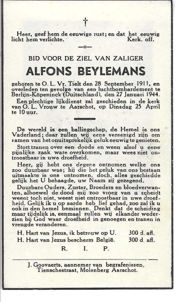 Alfons Beylemans luchtbombardement Berlijn 27/1/1944, Verzamelen, Ophalen of Verzenden