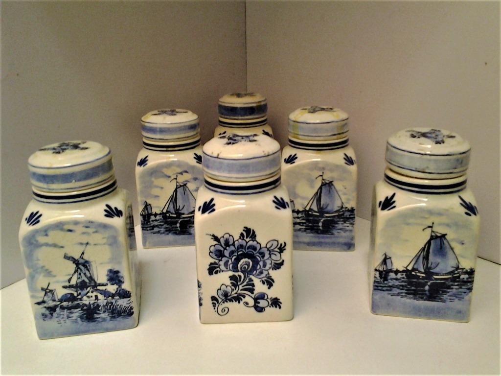 Set 6 Delfts blauw voorraadpotten - met stempel, Antiek en Kunst, Ophalen