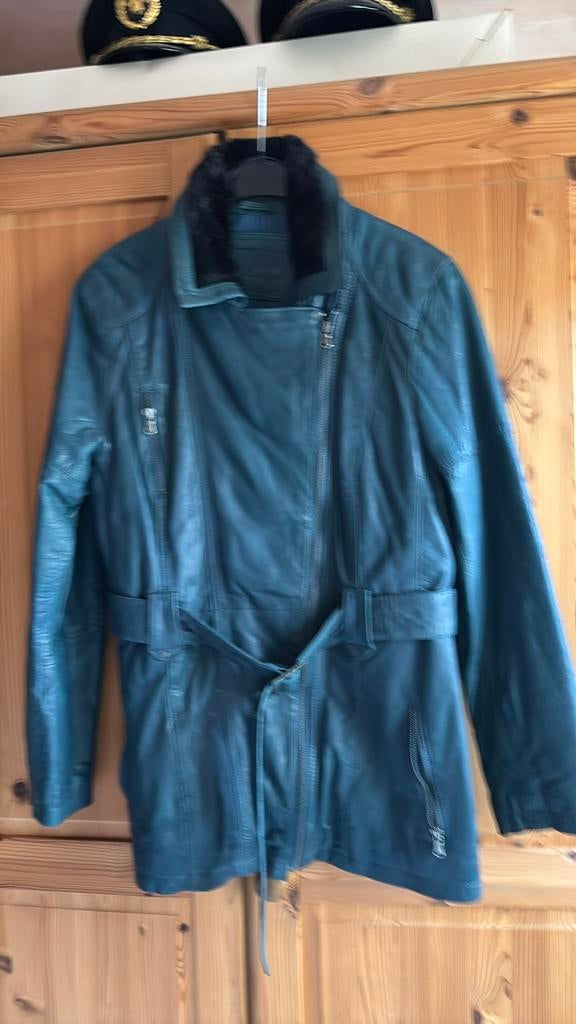 Vintage blauw lederen jas met centuur 44, Kleding | Dames, Ophalen of Verzenden, Zo goed als nieuw, Blauw