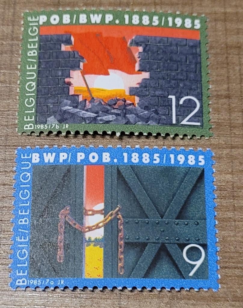 2 oude postzegels: 100ste verjaardag Belgische Werklieden, Postzegels en Munten, Frankeerzegel, Ophalen of Verzenden, Zonder stempel