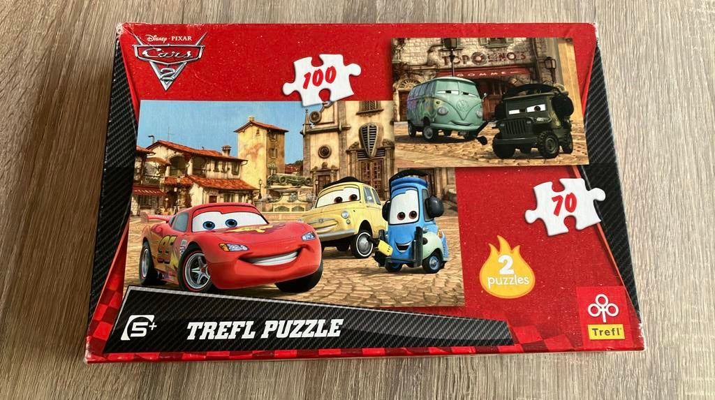 Doos met 2 puzzels cars 70 en 100 stukken, Ophalen, Meer dan 50 stukjes, Gebruikt, 4 tot 6 jaar