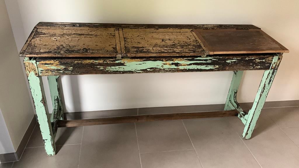 Zeer oude brocante schoolbank, sidetable, 3 plaatsen, Ophalen, Gebruikt