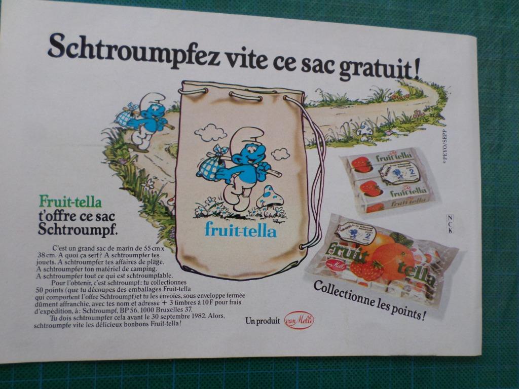 Schtroumpfs - pub. papier Fruit-tella sac Schtroumpf - 1982, Enlèvement ou Envoi, Utilisé, Autres types