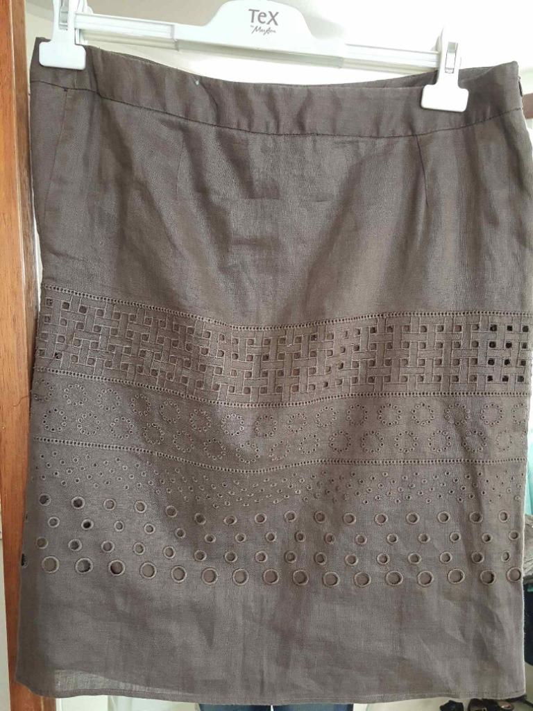 jupe brun taupe broderie anglaise et lin Devernois T.44 LXL, Kleding | Dames, Bruin, Maat 42/44 (L), Ophalen of Verzenden, Gedragen