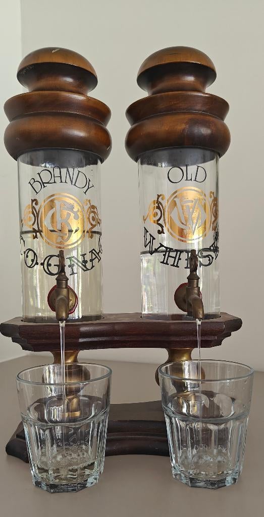 Vintage dubbele drankdispenser: Brandy & Whisky, Huis en Inrichting, Ophalen, Vintage, Zo goed als nieuw, Glas