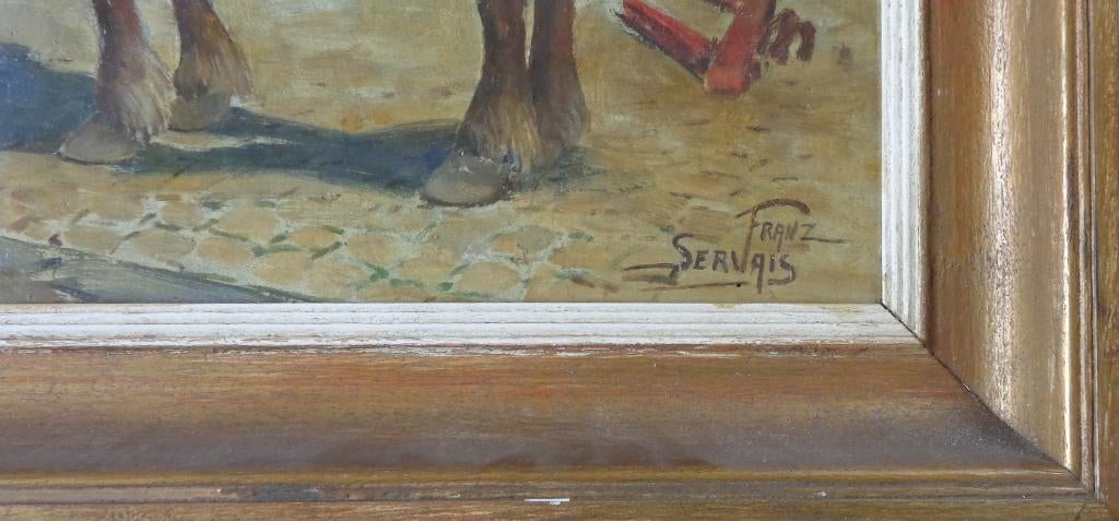 FRANZ SERVAIS / WERKPAARD / OLIEVERF PANEEL / 59x59cm KADER, Enlèvement ou Envoi, Signé, Peinture à l'huile, Panneau