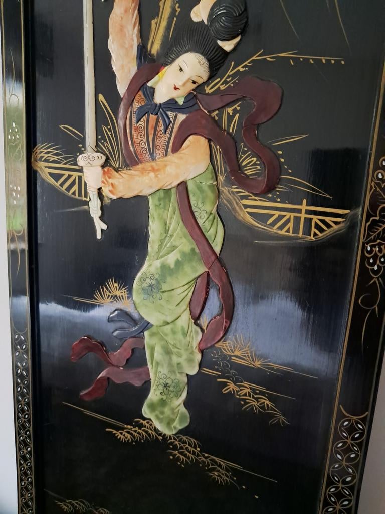 Chinees schilderij Gheisha met zwaarden - parelmoer reliëf, Antiek en Kunst, Ophalen